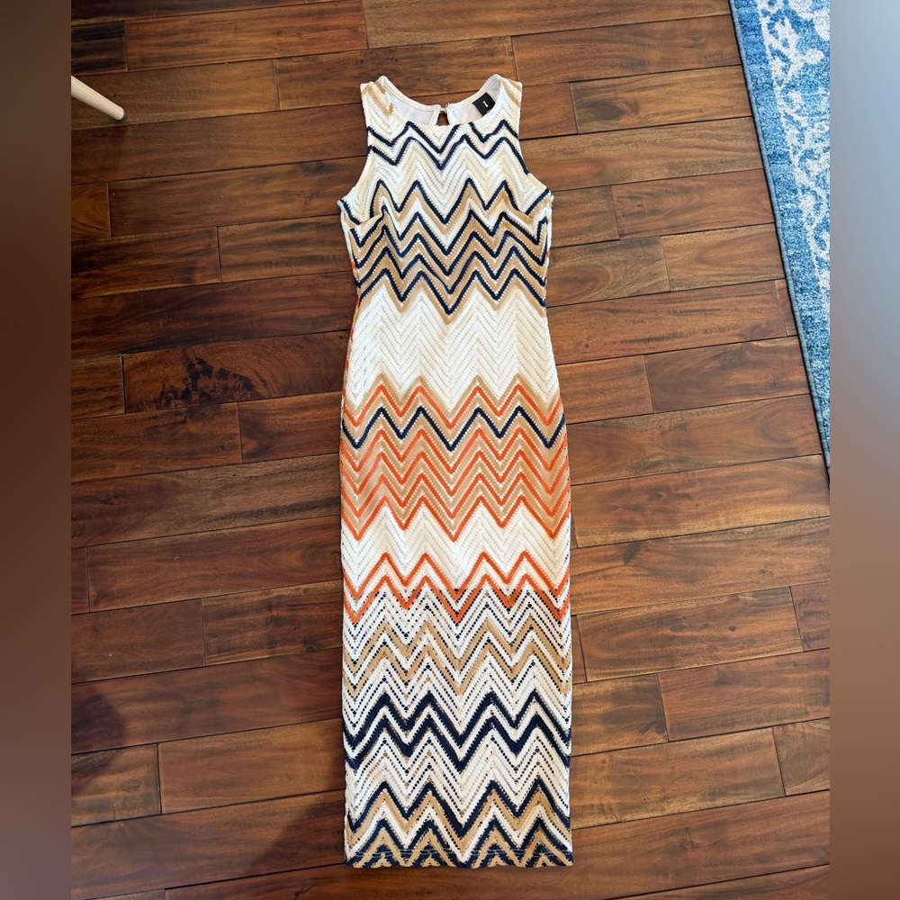 Vintage Chevron Knit Crochet Maxi Dress in Cream, Navy & Orange Size S/M